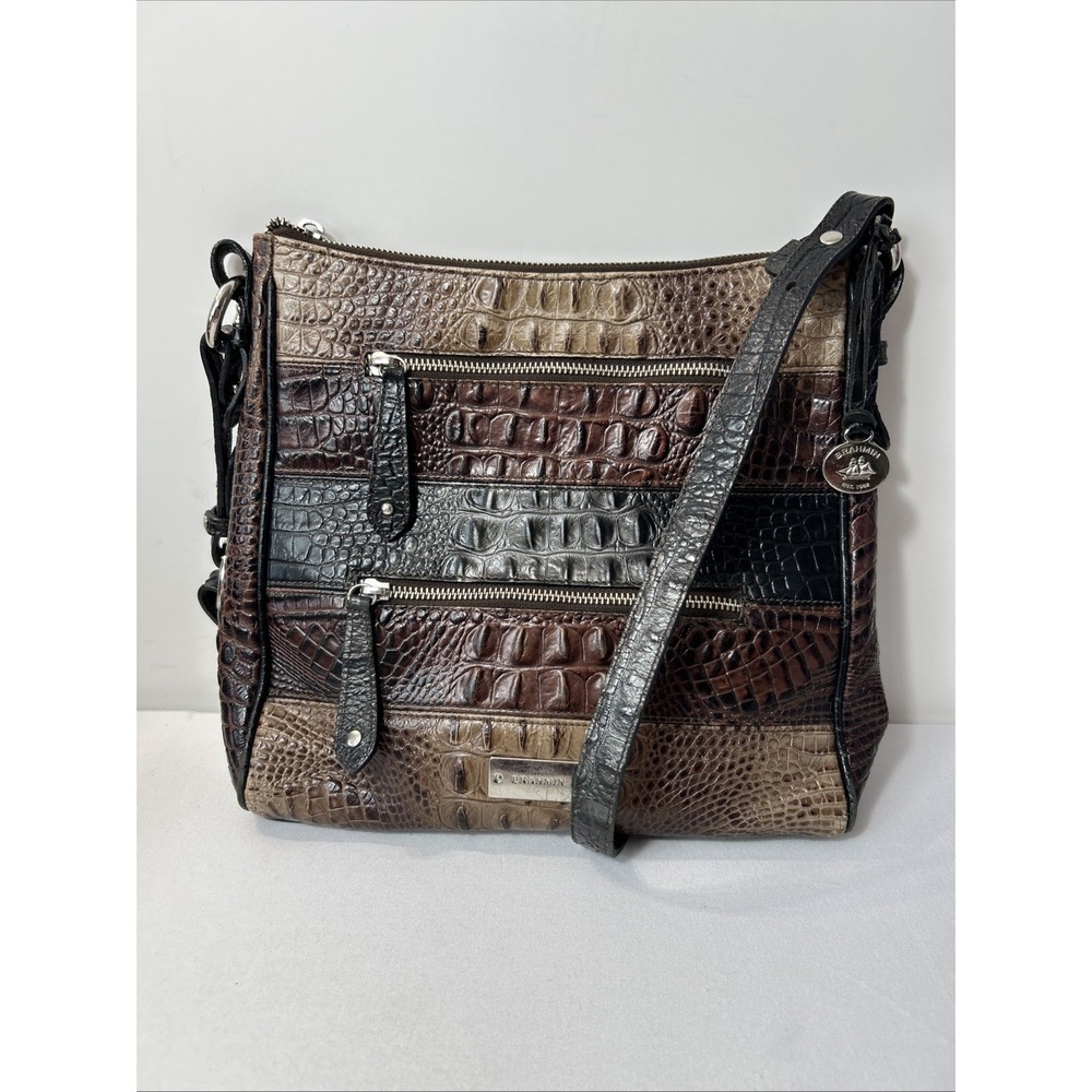 Brahmin Brown Crossbody Bag Tri-Color Crocodile Embossed Leather Silver Hardware